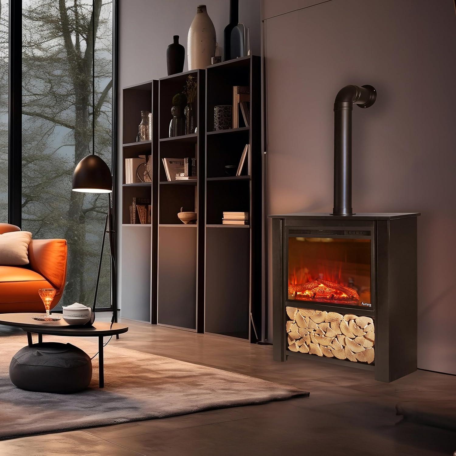 Innsbruck Electric LED Fireplace Stove - Décor Chimney Flue and Wood - 32" Wide x 38" Tall – Soot Black Finish - New 2024