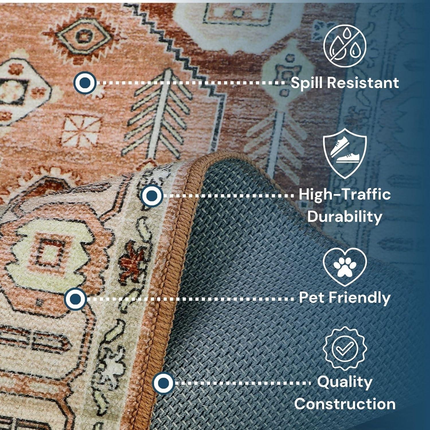 Machine Washable Thin Area Rug - Oriental Vintage Rust Red Kitchen, Bedroom, Hallway, Bathroom, and Entryway 3x5 Rugs - Stain and Water-Resistant - Non-Slip - Pet and Kid Friendly