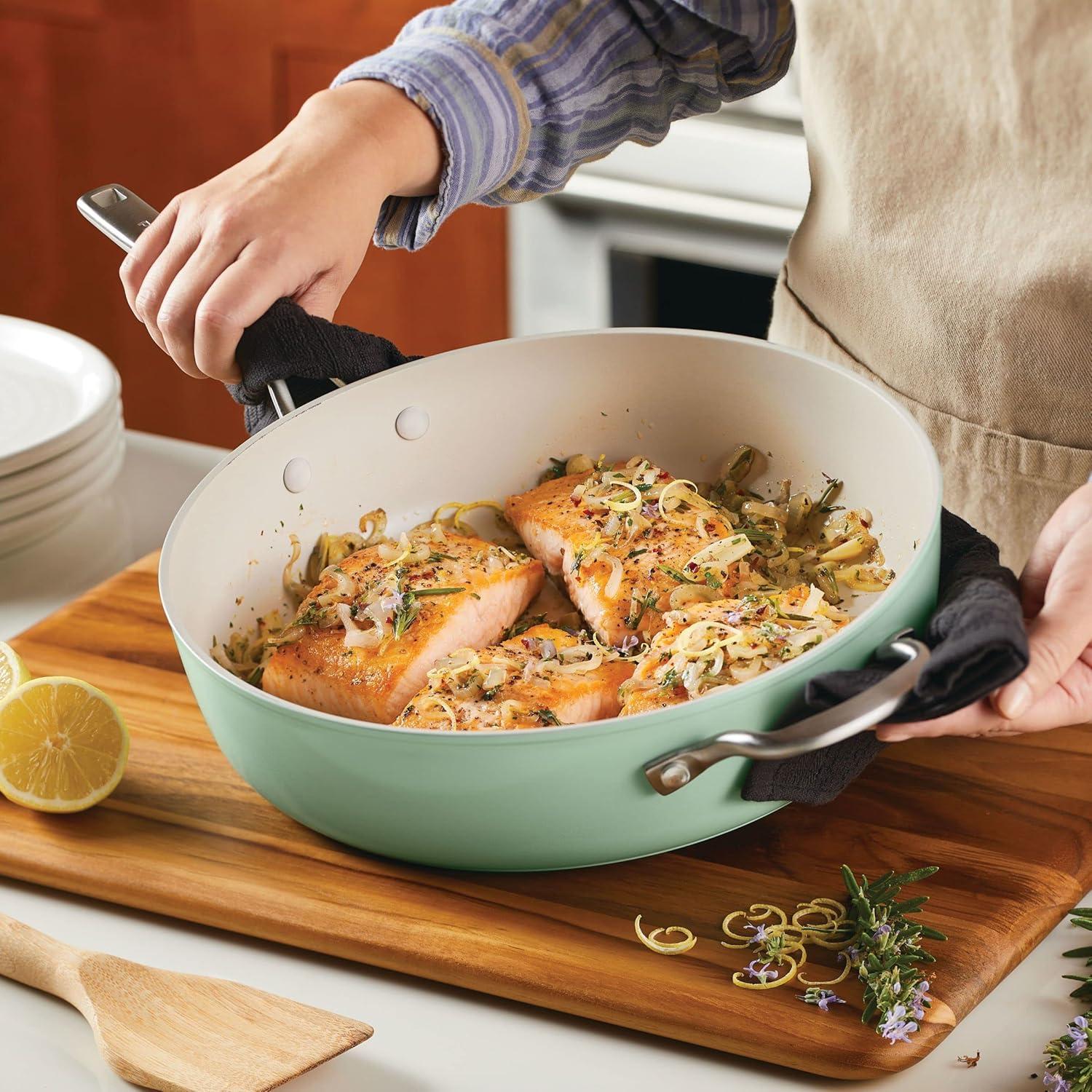 Pistachio Green Ceramic Nonstick 5-Quart Saute Pan with Lid