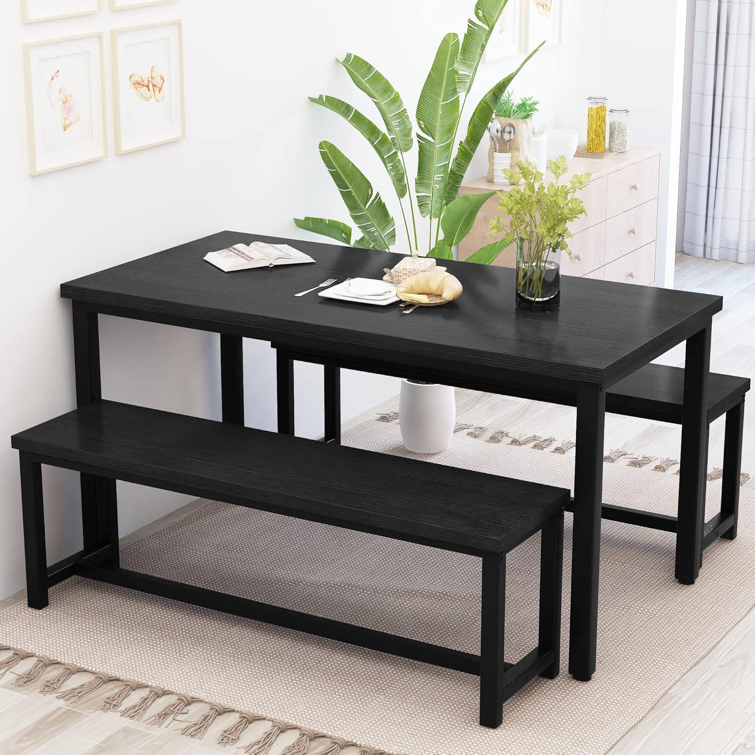 Black Modern Industrial Dining Table Set with Benches