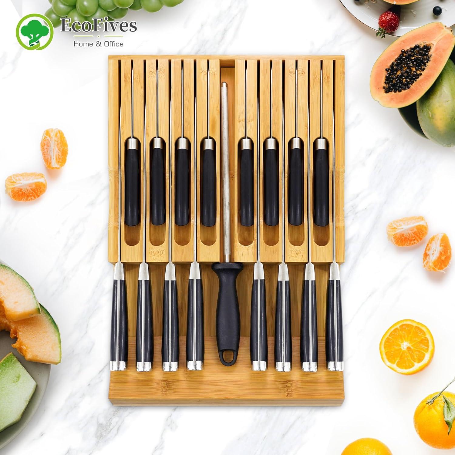 In-Drawer Knife Block,Bamboo Knife Drawer Organizer Insert, Kitchen Knife Drawer Storage for 16 Knives a Slot for your Knife Sharpener (Without Knives)
