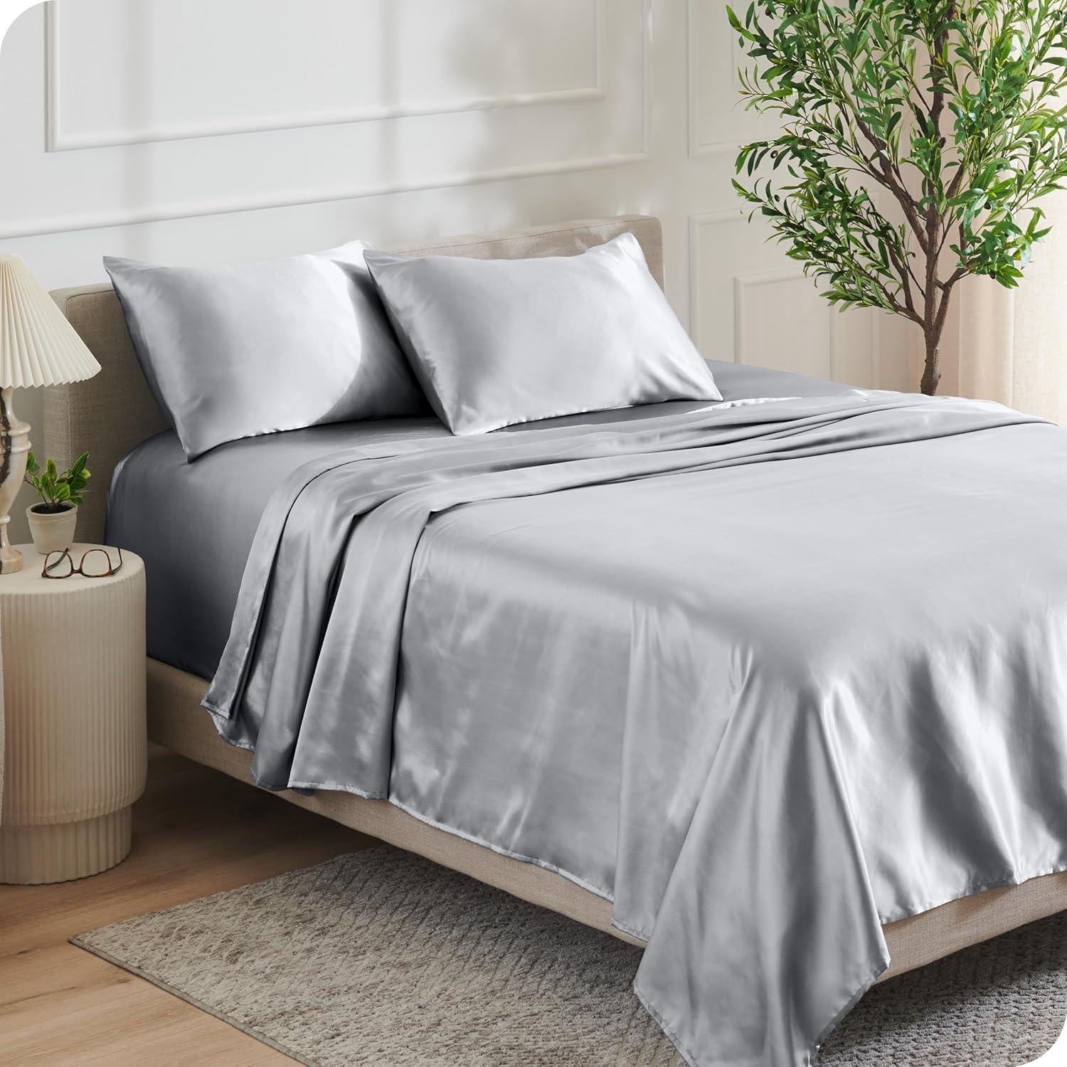Bare Home Queen Poly Satin Sheet Set - Luxury Soft and Smooth Satin - for Hair and Skin - Breathable - Similar to Silk - Deep Pocket up to 15” - Bedding Sheet Set (Queen, Silver)