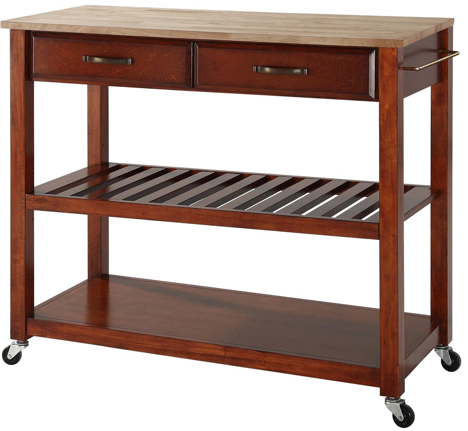 Natural Wood Top Kitchen Cart/Island with Optional Stool Storage - Black - Crosley: Solid Hardwood, Adjustable Shelf, Wheeled