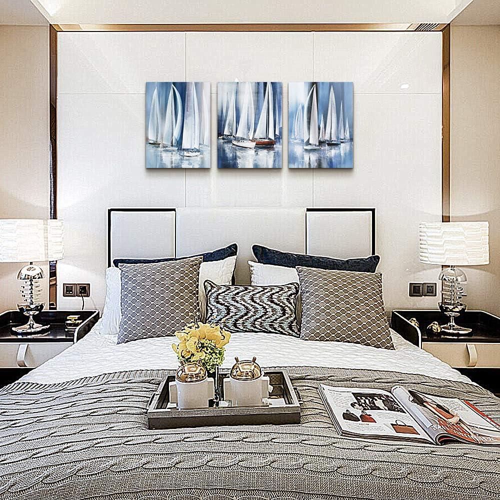 Three-Piece Blue and White Abstract Sailboat Canvas Art