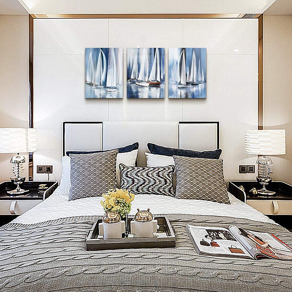 Three-Piece Blue and White Abstract Sailboat Canvas Art