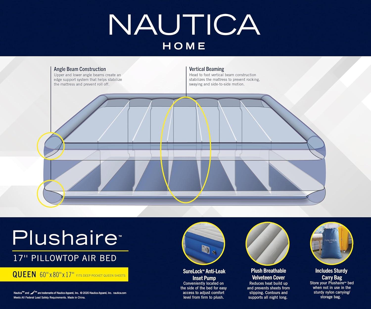 Nautica Nautica PlushAire Inflatable Air Mattress with Anti-leak Built-in Pump and Puncture Resistant Vinyl