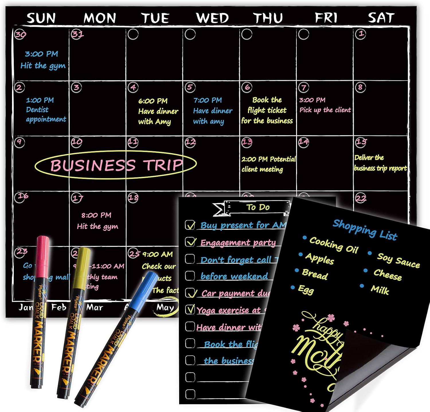 JJPRO Magnetic Chalkboard Monthly Calendar Neon Bright Liquid Chalk Markers with Bonus - Grocery List and Notepad Black