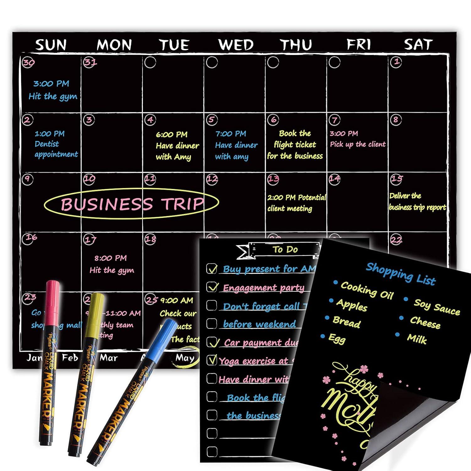 JJPRO Magnetic Chalkboard Monthly Calendar Neon Bright Liquid Chalk Markers with Bonus - Grocery List and Notepad Black