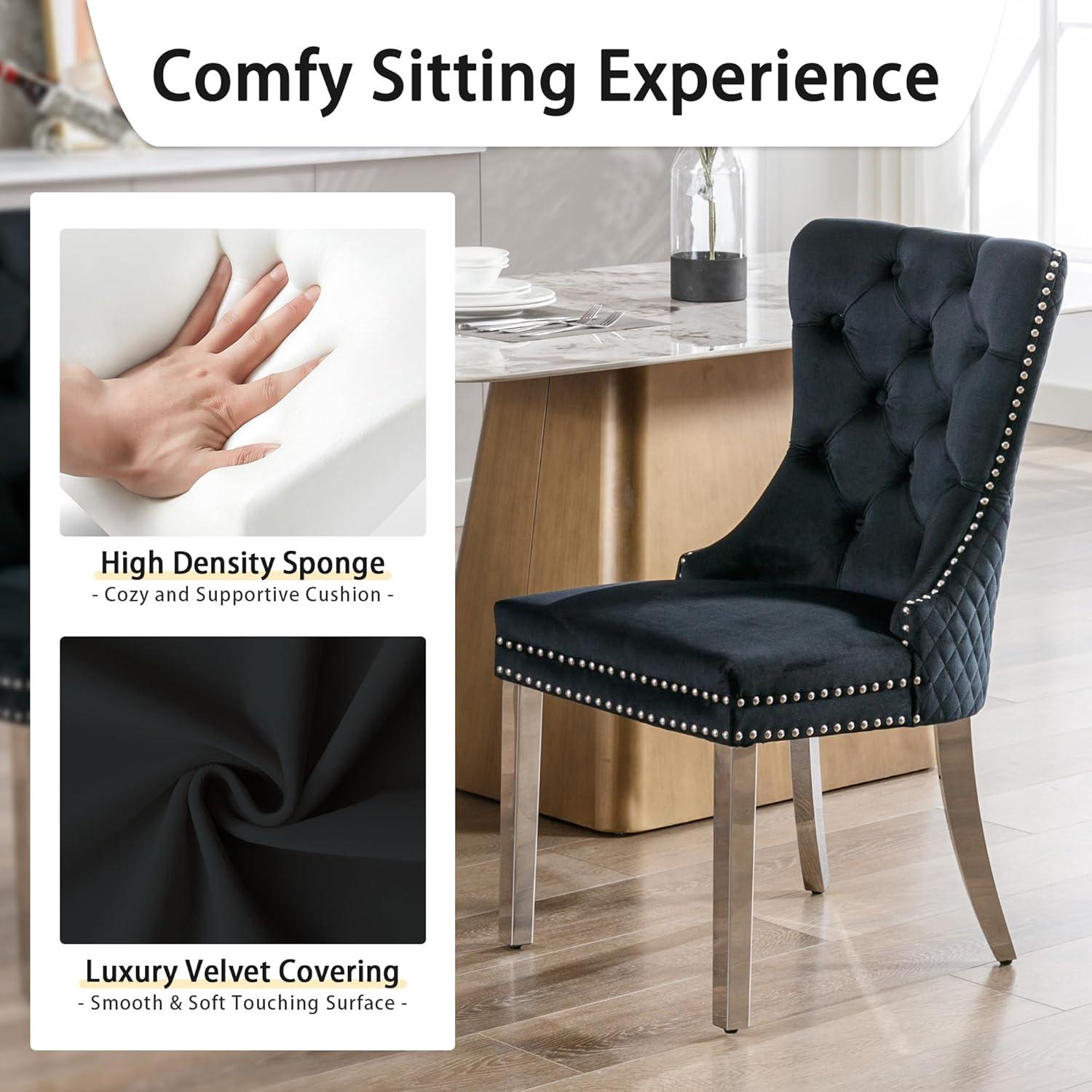 Black Velvet Upholstered Dining Chairs with Stainless Steel Legs