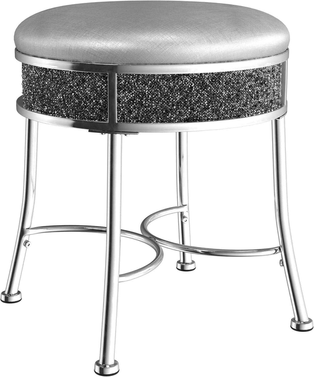 Hillsdale Roma Diamond Glam Fabric Upholstered Backless Vanity Stool in Chrome