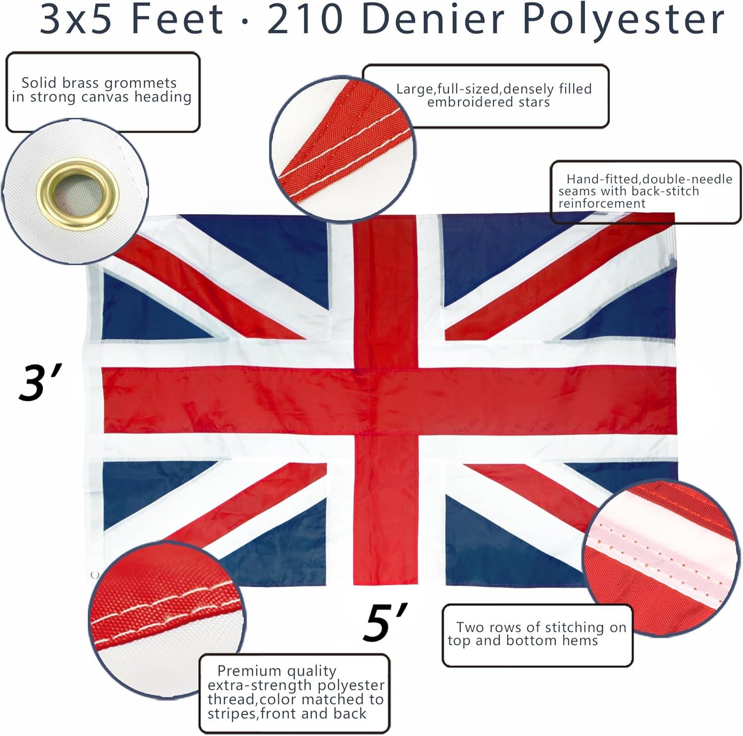 Anley United Kingdom UK Flag 3x5 Foot Heavy Duty Nylon - Embroidery British National Banner Flags