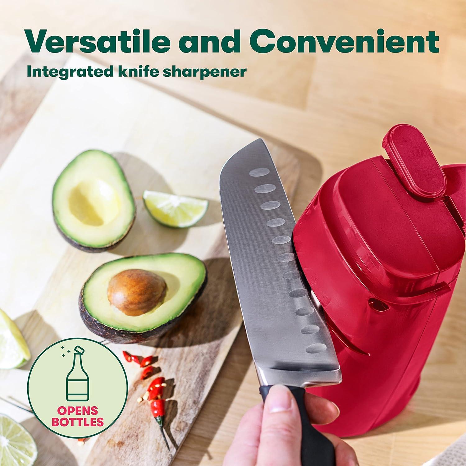 Electric Can Opener and Knife Sharpener, Multifunctional Jar and Bottle Opener with Removable Cutting Lever and Cord Storage, Stainless Steel Blade, Sage