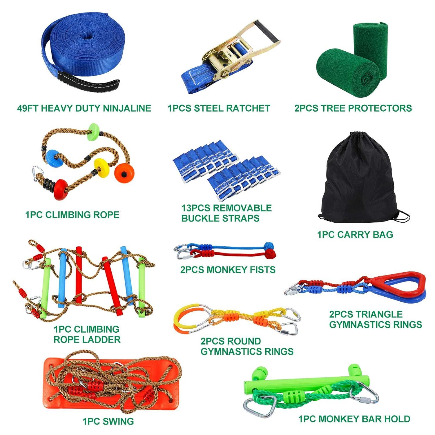 Ninja Warrior Obstacle Course Kit for Kids Ninja Slackline with 10 Accessories Monkey Bars, Ladder, Climbing Rope, Gym Rings, Swing, Monkey Fist for Backyard Training Equipment