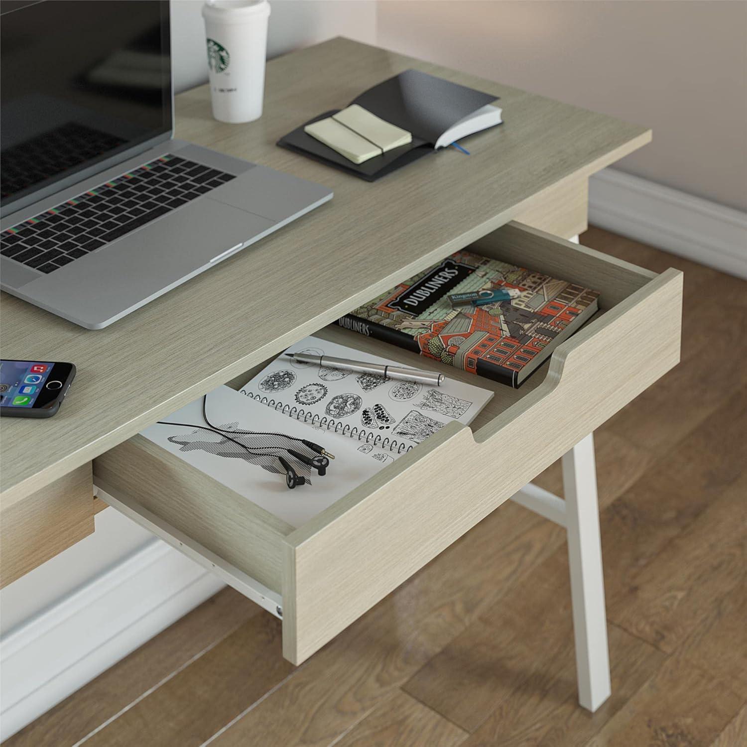 Pale Oak and White Writing Desk with Drawer