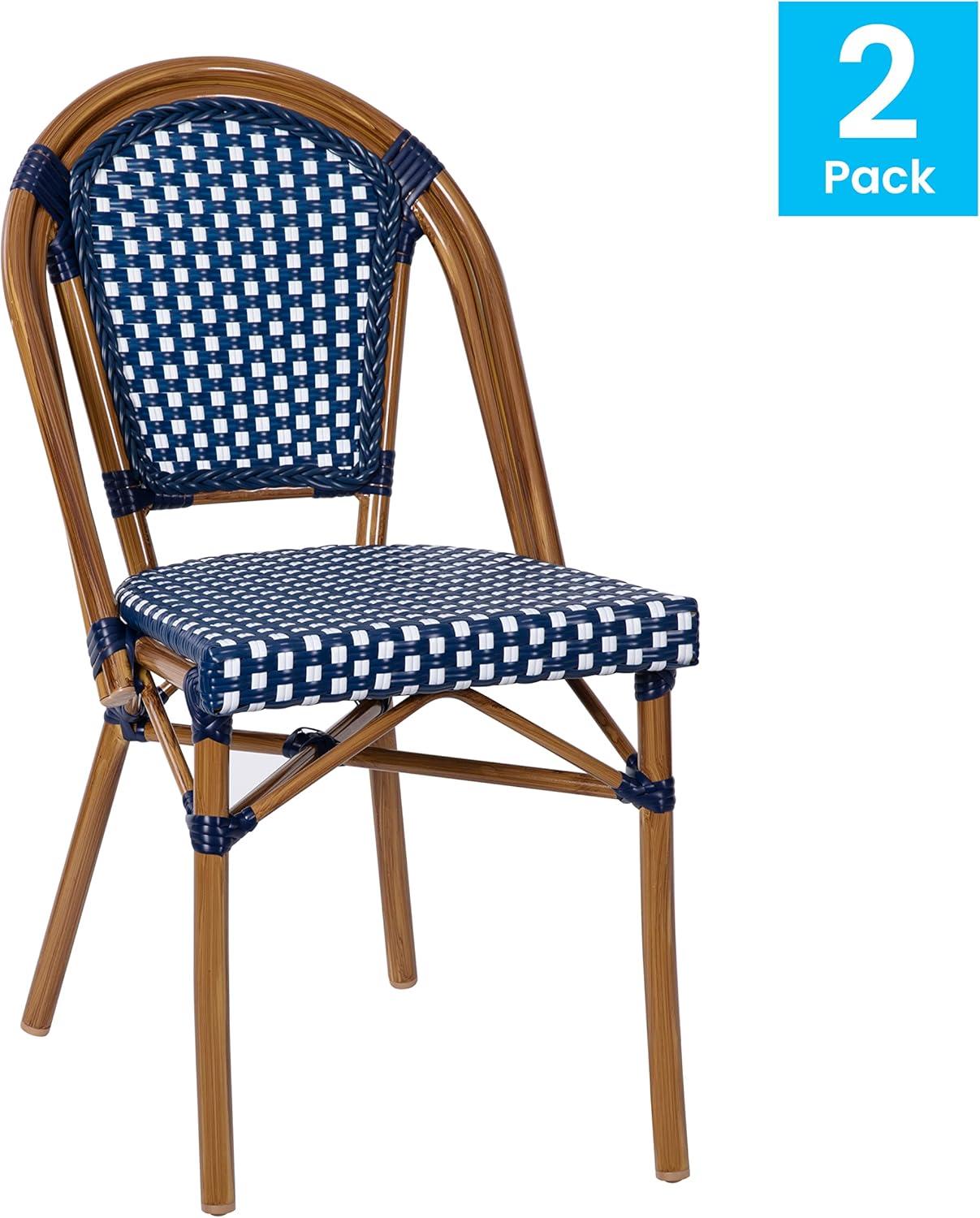 Flash Furniture Bordeaux Set of 2 Indoor/Outdoor Commercial Bistro Stacking Chairs, PE Rattan Back and Seat, Bamboo Print Aluminum Frame