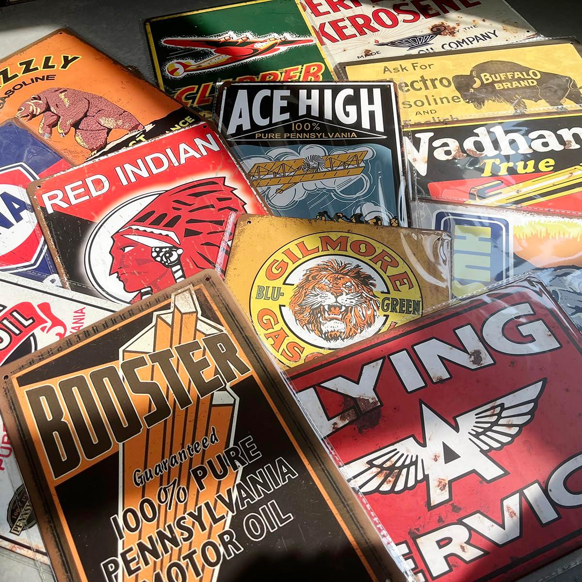 Reproduced Vintage Tin Sign Pack, Gas Oil Retro Advert Antique Metal Signs for Garage Man Cave Bar Kitchen, Nostalgic Car Decor, 8x12 Inch (35 Pieces A)