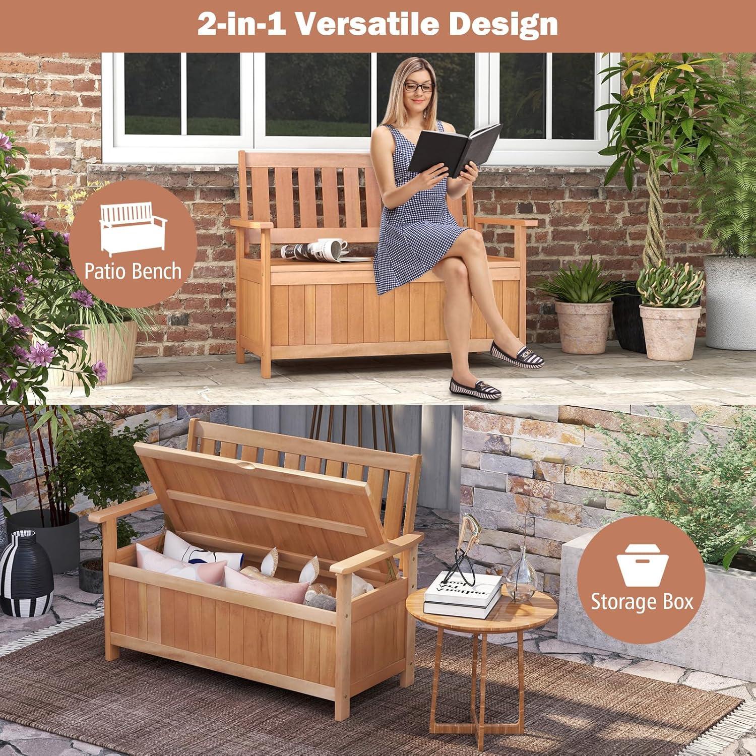 Costway 48 Inch Patio Storage Bench Wood Loveseat with Slatted Backrest for Backyard