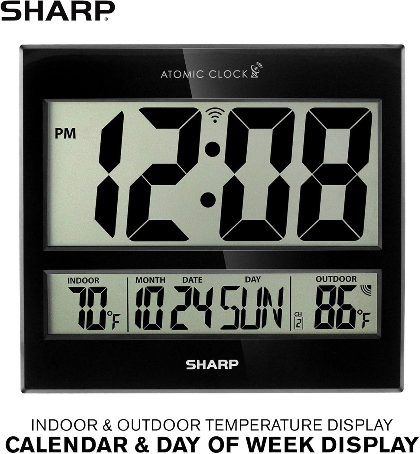 Sharp Atomic Clock Jumbo 3" LED Display In/ Out Temp Calendar Color Black Classic Decor Style