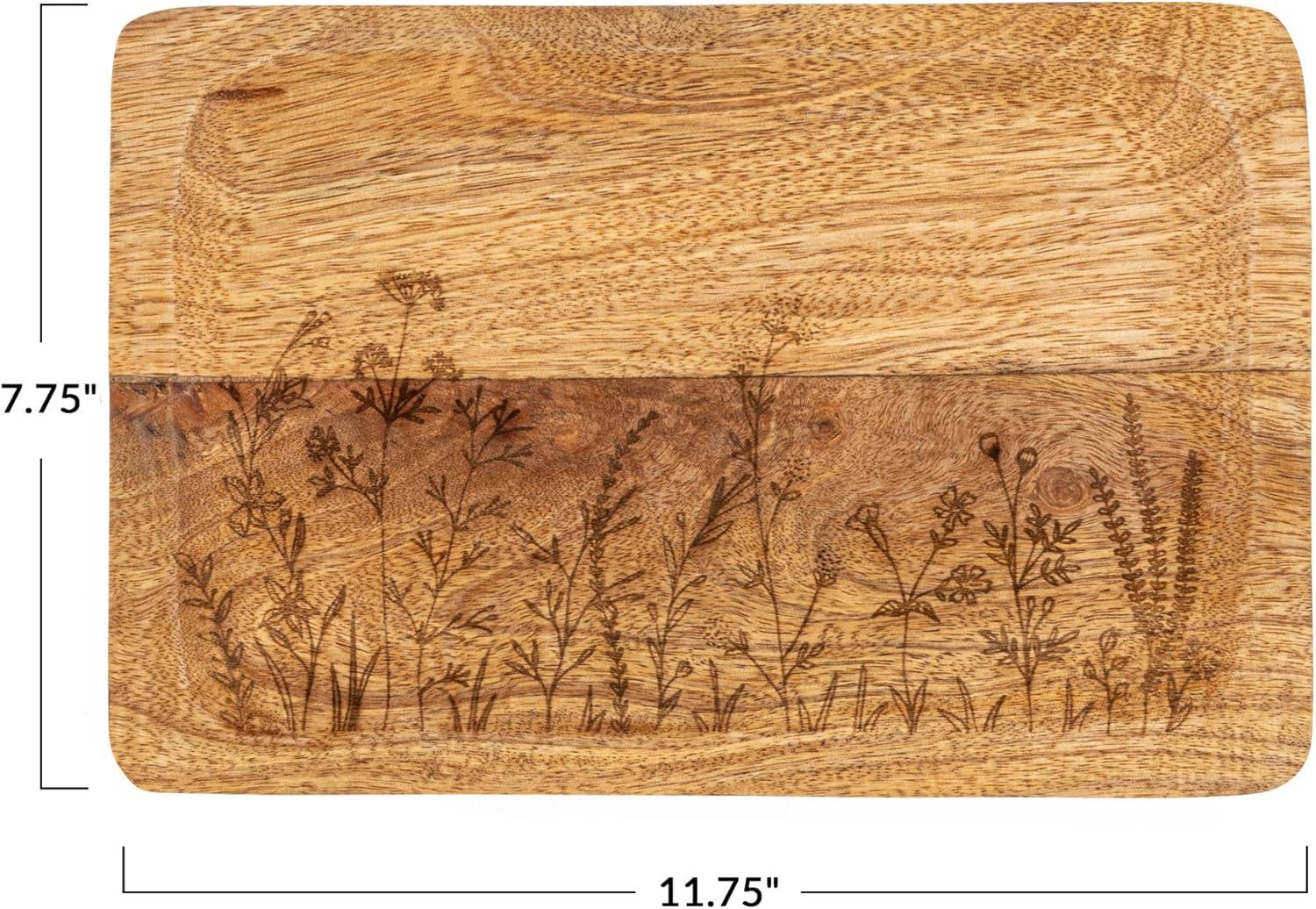 Creative Co-Op 11.75 Inches Mango Wood Laser Etched Botanicals, Natural Tray