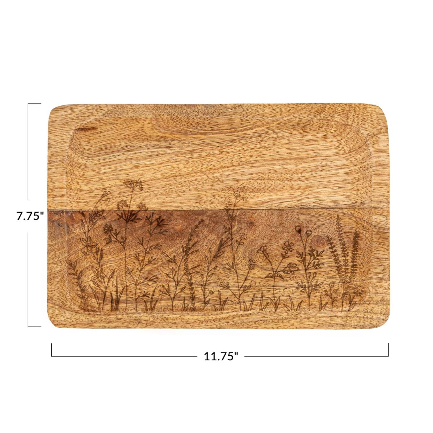 Creative Co-Op 11.75 Inches Mango Wood Laser Etched Botanicals, Natural Tray