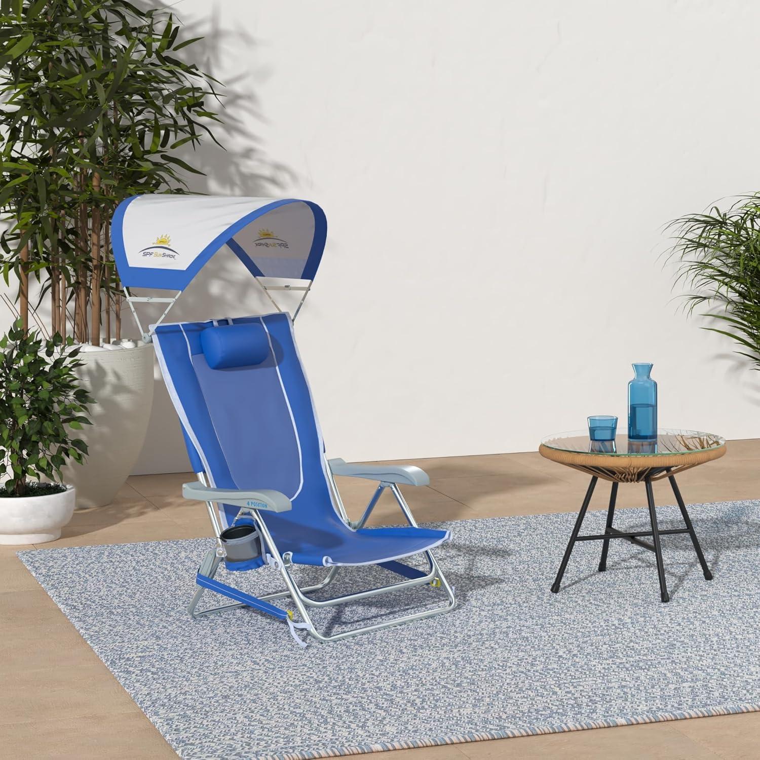 Blue Reclining Beach Chair with Adjustable Canopy and Armrests