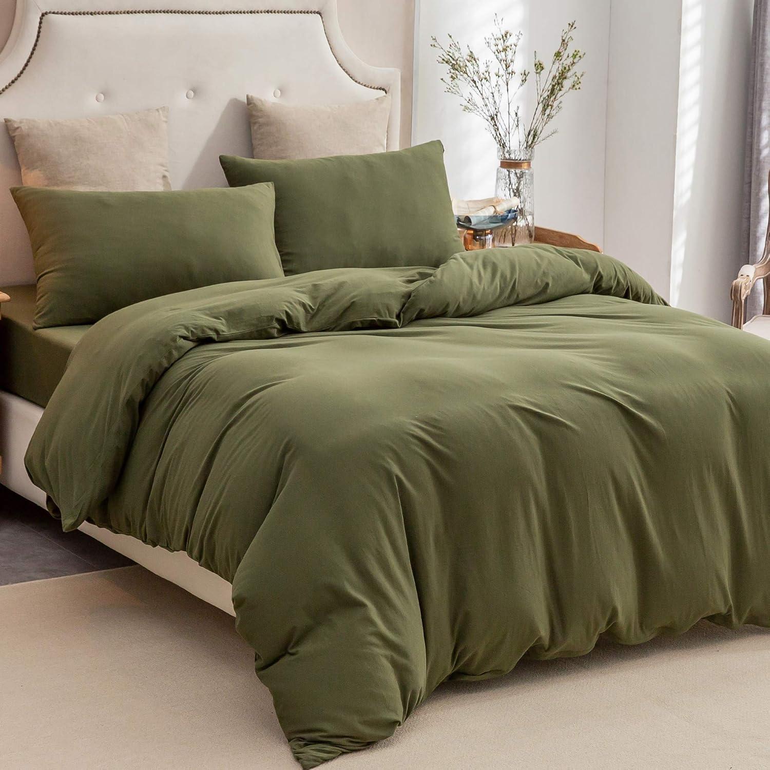 PURE ERA Jersey Knit Duvet Cover Set 100% T-Shirt Cotton Super Soft Comfy 2pc Bedding Set with Zipper Closure (Solid Olive Green, Twin)