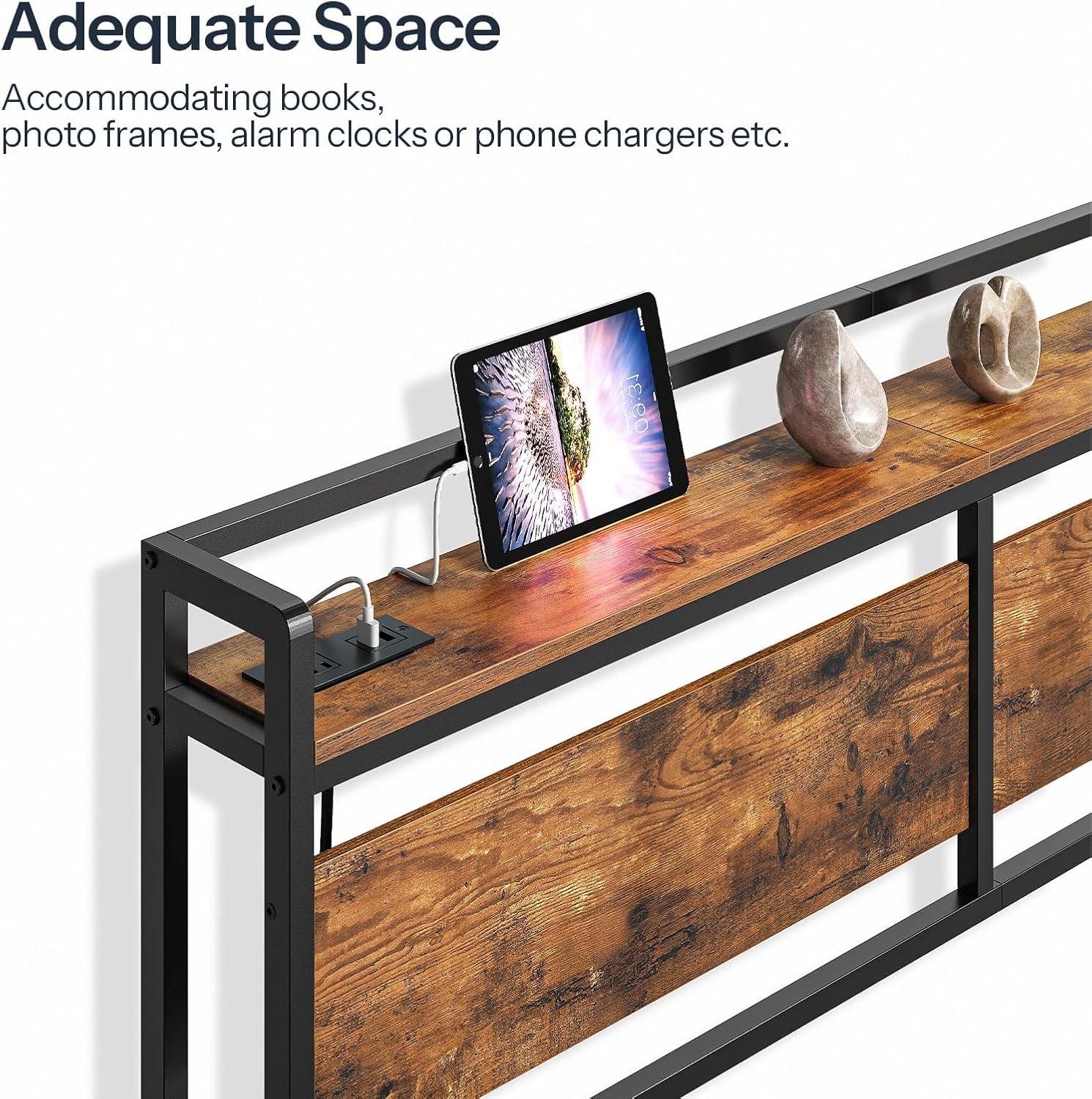 Full Size Headboard, Headboard with 2 Outlets, LED Lights and USB Ports, Adjustable Height, Storage Rack, Sturdy and Stable, Easy Assembly