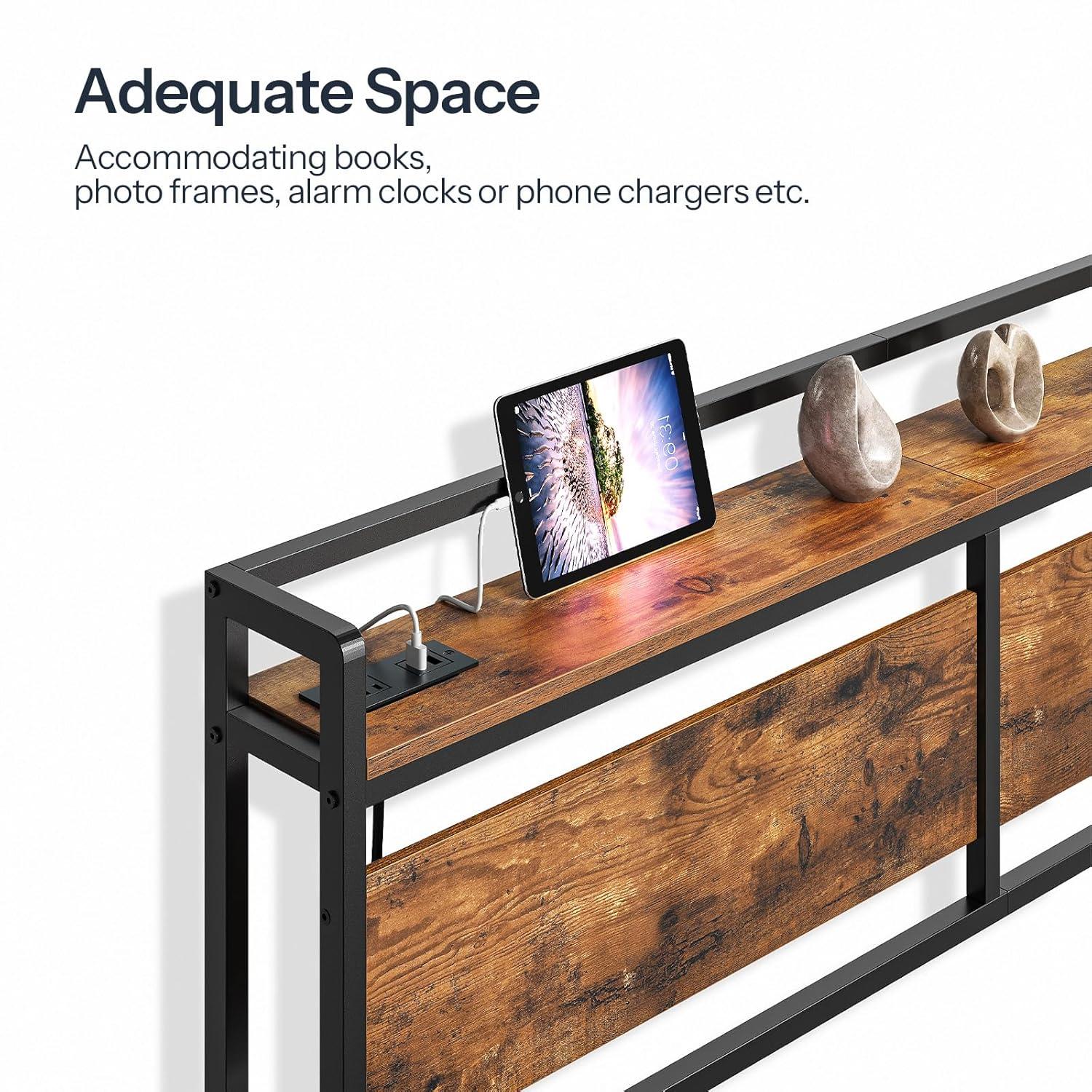 Full Size Headboard, Headboard with 2 Outlets, LED Lights and USB Ports, Adjustable Height, Storage Rack, Sturdy and Stable, Easy Assembly