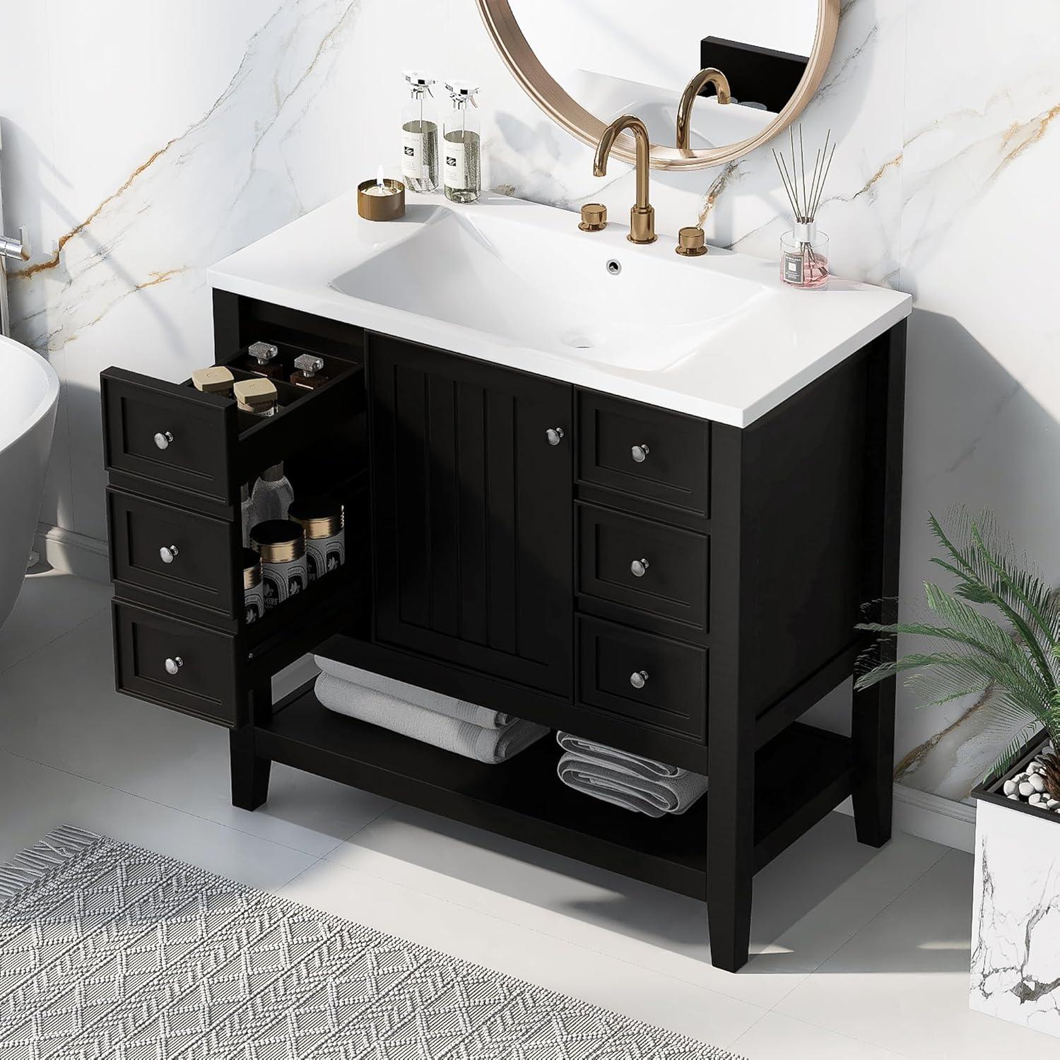 36" Black Freestanding Bathroom Vanity with Ceramic Sink and Storage