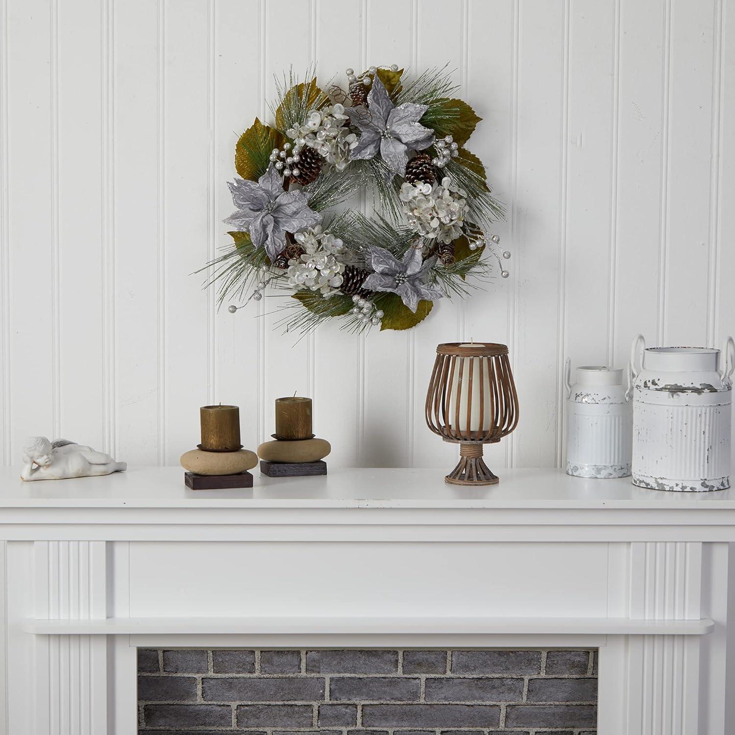 24" Silver and White Artificial Christmas Wreath with Pinecones and Hydrangeas