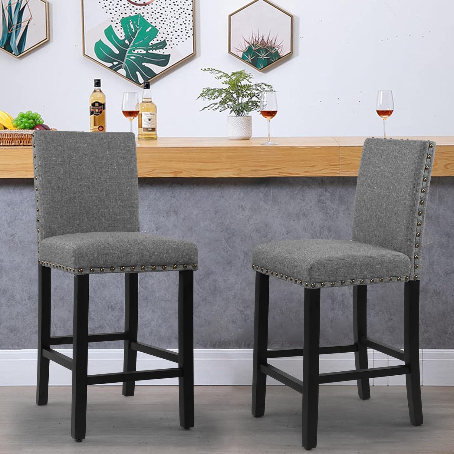 Set of 4 Gray Upholstered Counter Stools with Wood Legs