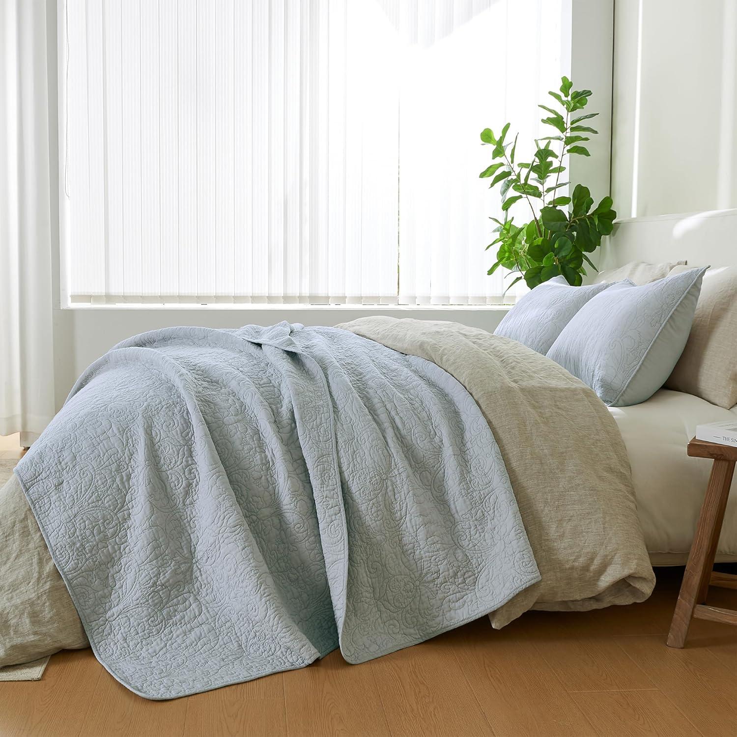 Vintage Comfort 100% Cotton Stitched 3 Piece Quilt Set with Shams, Full / Queen