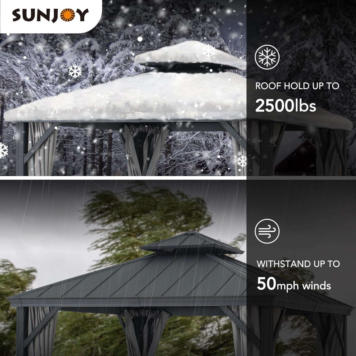 Sunjoy 10 ft. x 10 ft. Hardtop Gazebo, Outdoor Patio Aluminum Frame Gazebo with 2-Tier Steel Hardtop Backyard Gazebo with Netting, Curtain, and Ceiling Hook