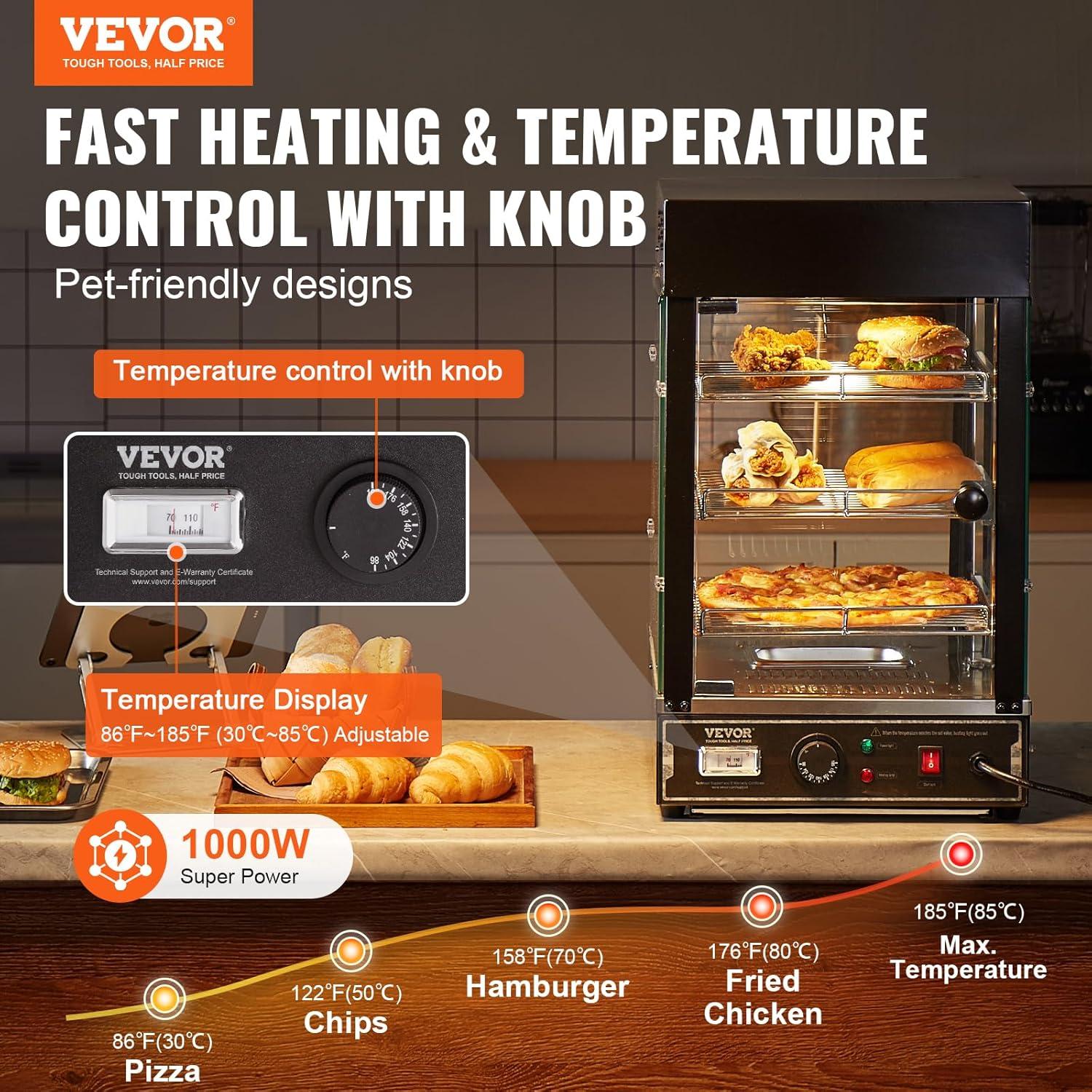 VEVOR 3-Tier Commercial Food Warmer Display, 1000W Food Display Warmer with Light, Adjustable Shelf and Temperature Display, 86℉~185℉ Steam Heating, 57L for Hamburger, Pizza, Bread, Fried Chicken