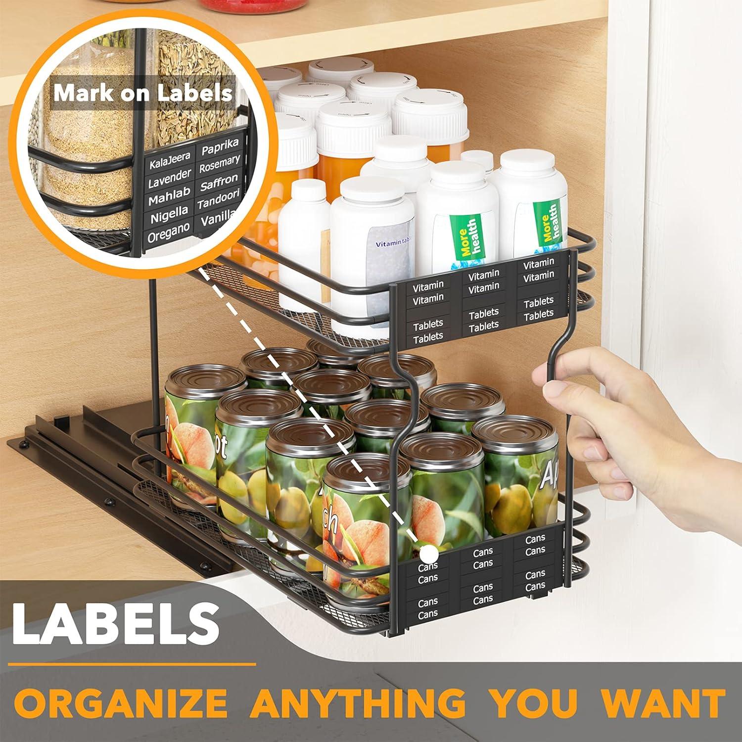 SpaceAid Heavy Duty Pull-Out Spice Rack Organizer for Cabinets – Slide-Out Seasoning Holder with Labels, 1 Drawer, 2-Tier