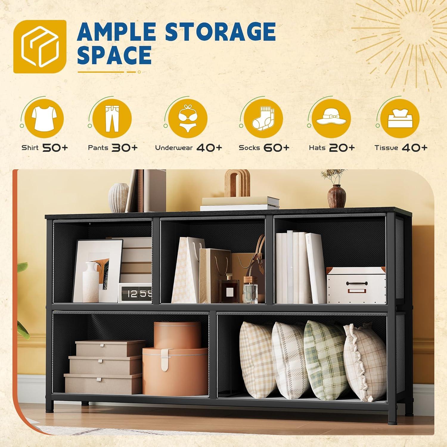 EDX 5 Drawer Dresser, Wide Chest of Drawers Nightstand Storage Tower Storage Fabric Dresser with Wood Top for Living Room, Bedroom, Hallway,Black