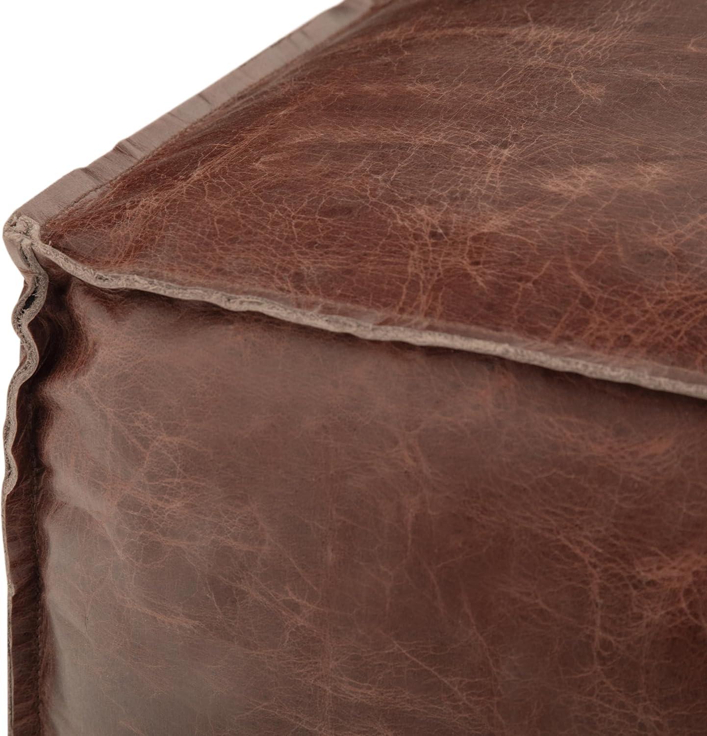 Simpli Home Sheffield Boho Square Pouf in Brown Genuine Leather