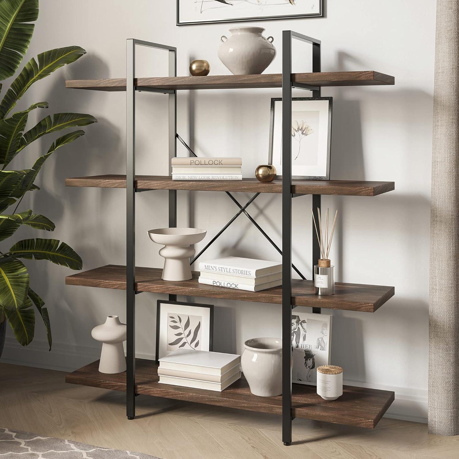 BELLEZE 4 Tier Modern Rustic Industrial Bookshelf - Hazel (Dark Walnut)