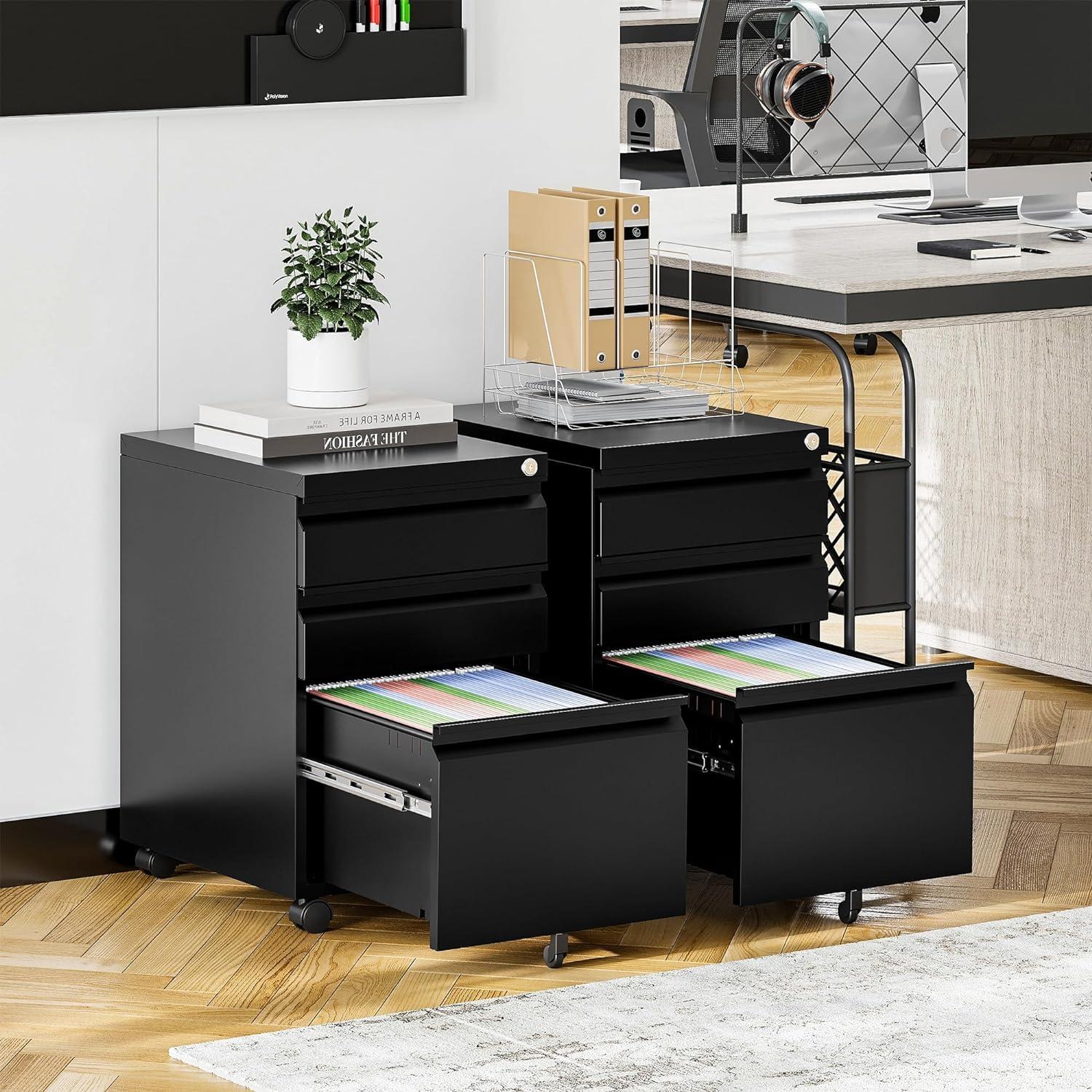 MIIIKO File Cabinet 3 Drawers on Wheels Under Desk, Black Metal Rolling File Cabinets with Lock for Home Office, Un-Assembled Filing Cabinet with Lock