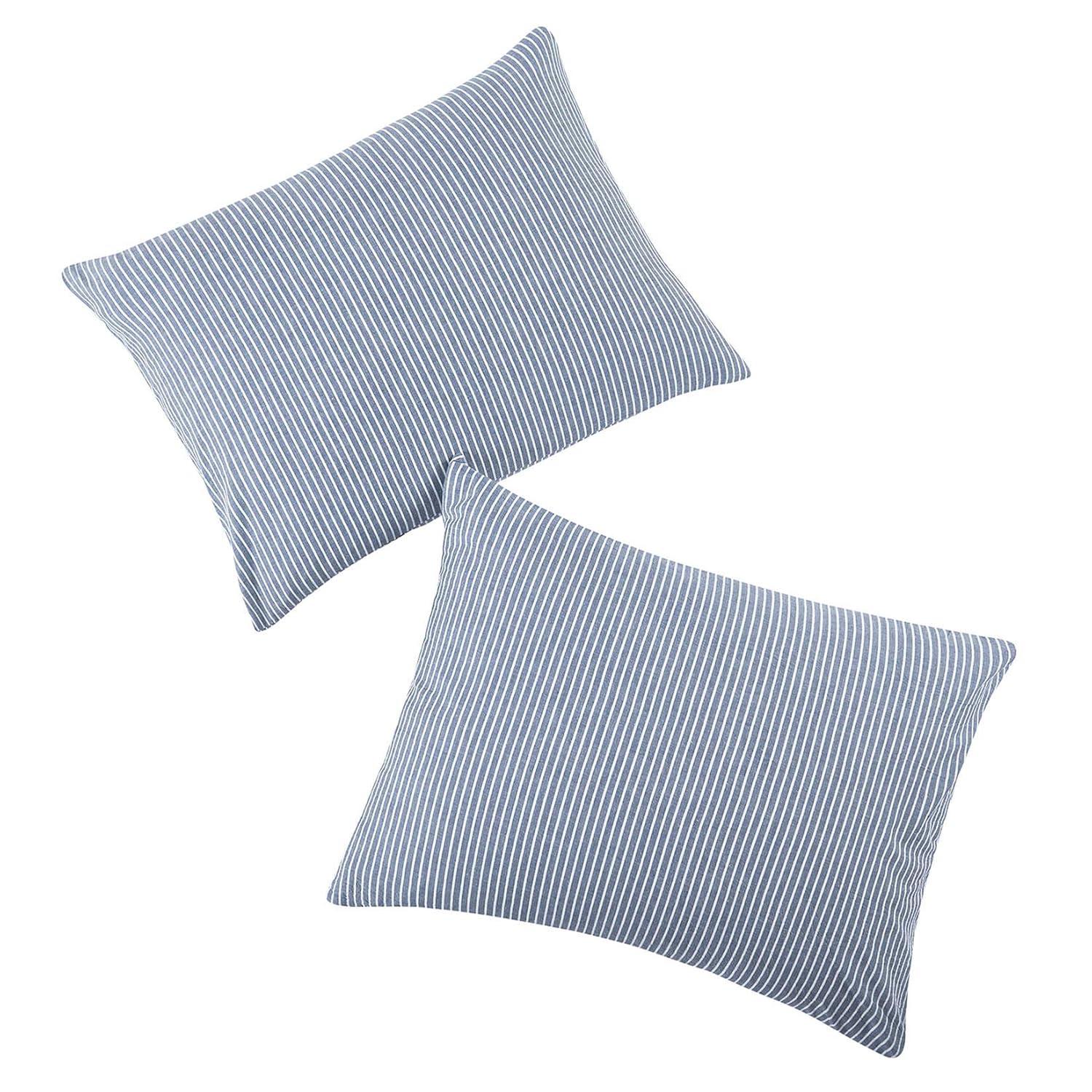 Wake In Cloud - Striped Pillow Cases, 100% Washed Cotton, Ticking Stripe Vertical Pinstripe Neutral Farmhouse, Set of 2 Pillowcases Pillow Shams Covers, Gray, Standard Size 20x26 Inches