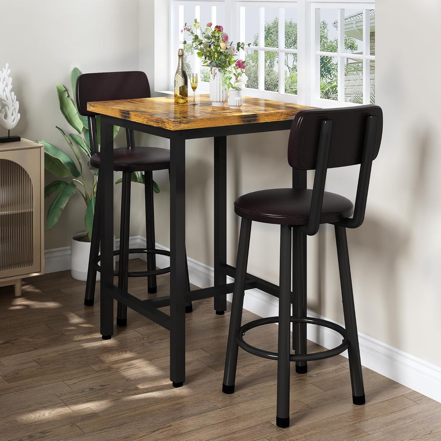 TiaGOC 3 Piece Pub Dining Set, Modern bar Table and Stools for 2 Kitchen Counter Height Wood Top Bistro Easy Assemble for Breakfast Nook Living Room Small Space Restaurant, Rustic Brown 24”