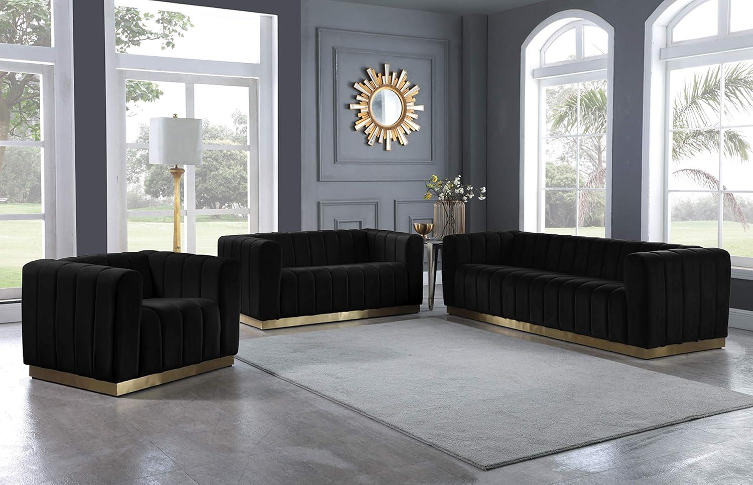 Marlon Black Velvet Sofa with Gold Stainless Steel Base