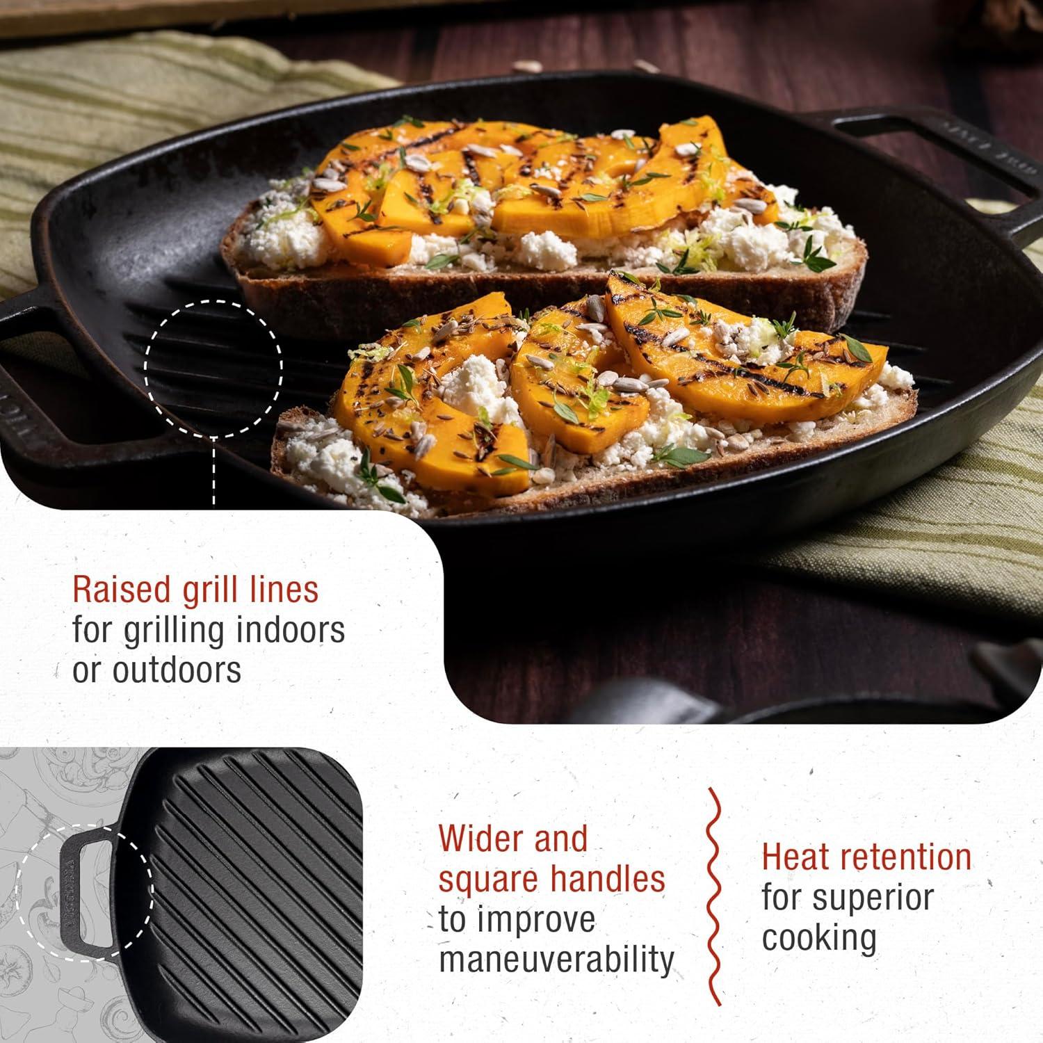 Victoria Black Cast Iron Square Grill Pan with Double Handles