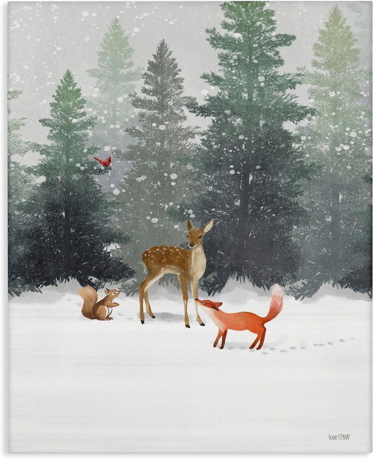 Winter Forest Animals Canvas Wall Art, 17x21 in, Off-White