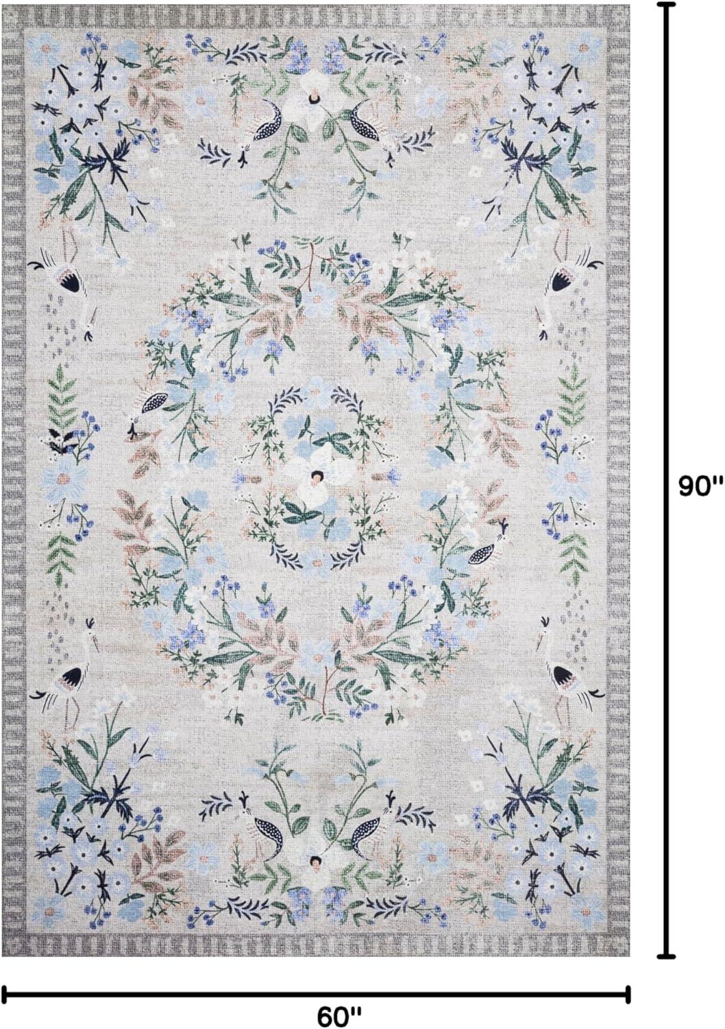 Stone and Grey Floral Synthetic 5' x 7' Area Rug