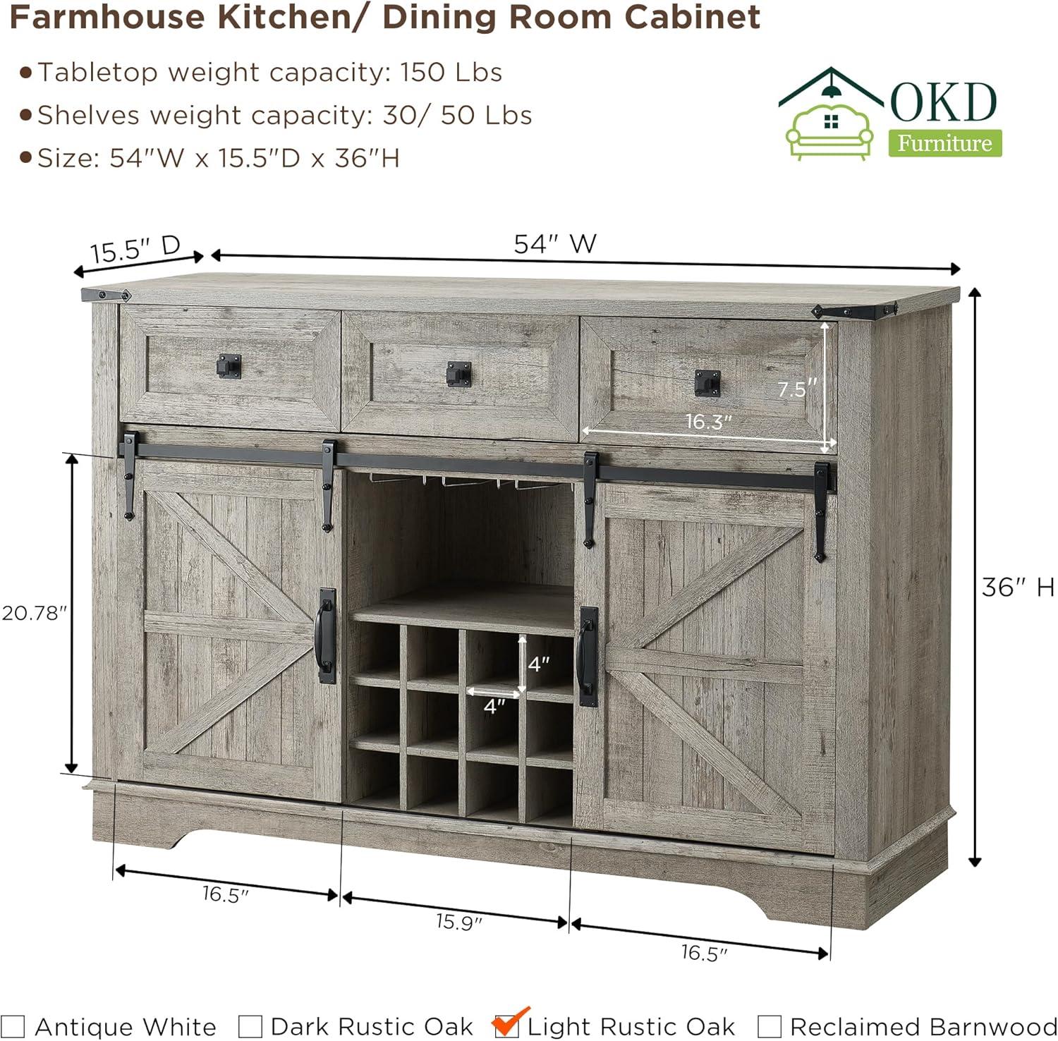 OKD 54" Wine Bar Cabinet w/Sliding Barn Door, Kitchen Coffee Bar Cabinet w/Wine & Glass Rack, 3 Drawers, Large Buffet Sideboard