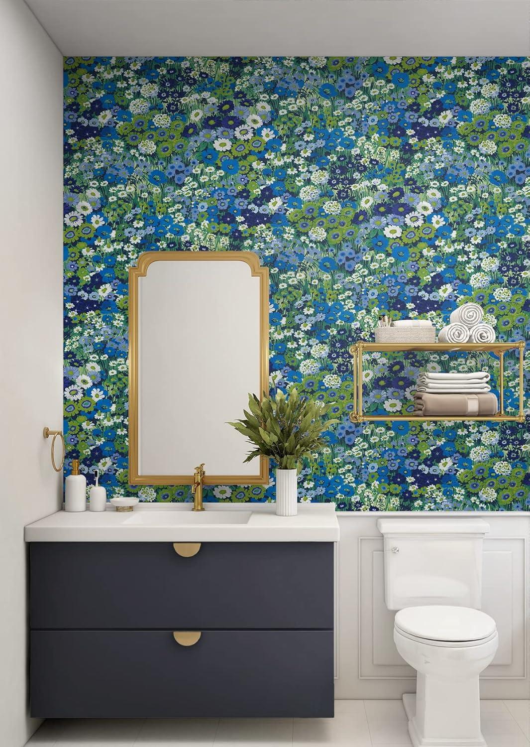 Bright Blue and Sap Green Floral Peel and Stick Wallpaper