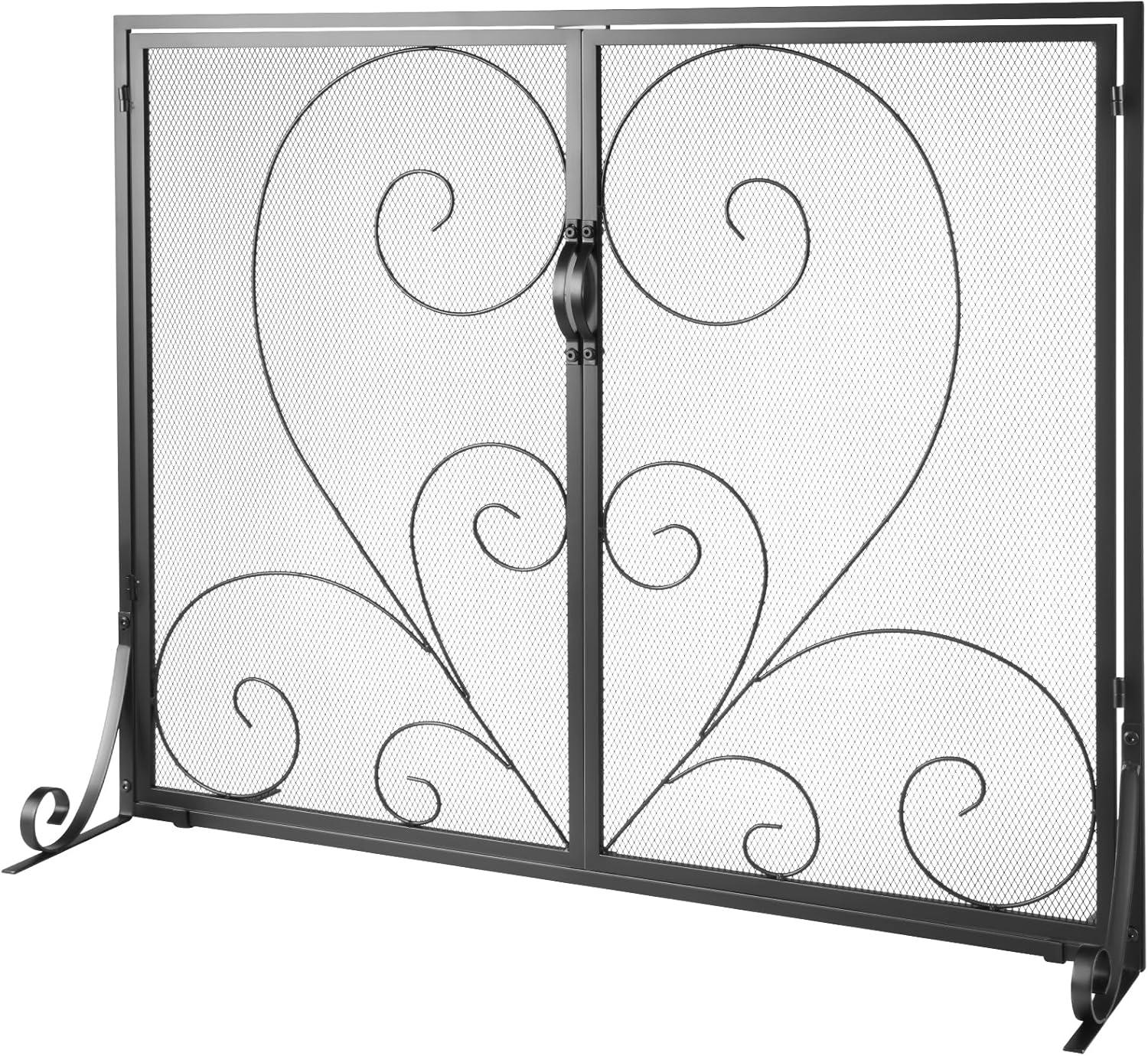 Black Iron Mesh Single Panel Fireplace Screen with Door