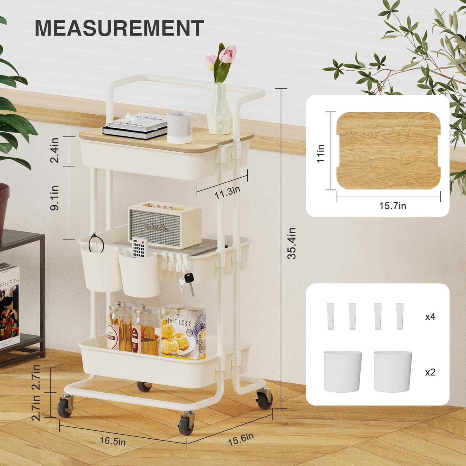 White 3-Tier Rolling Utility Cart with Metal Frame and Lockable Wheels