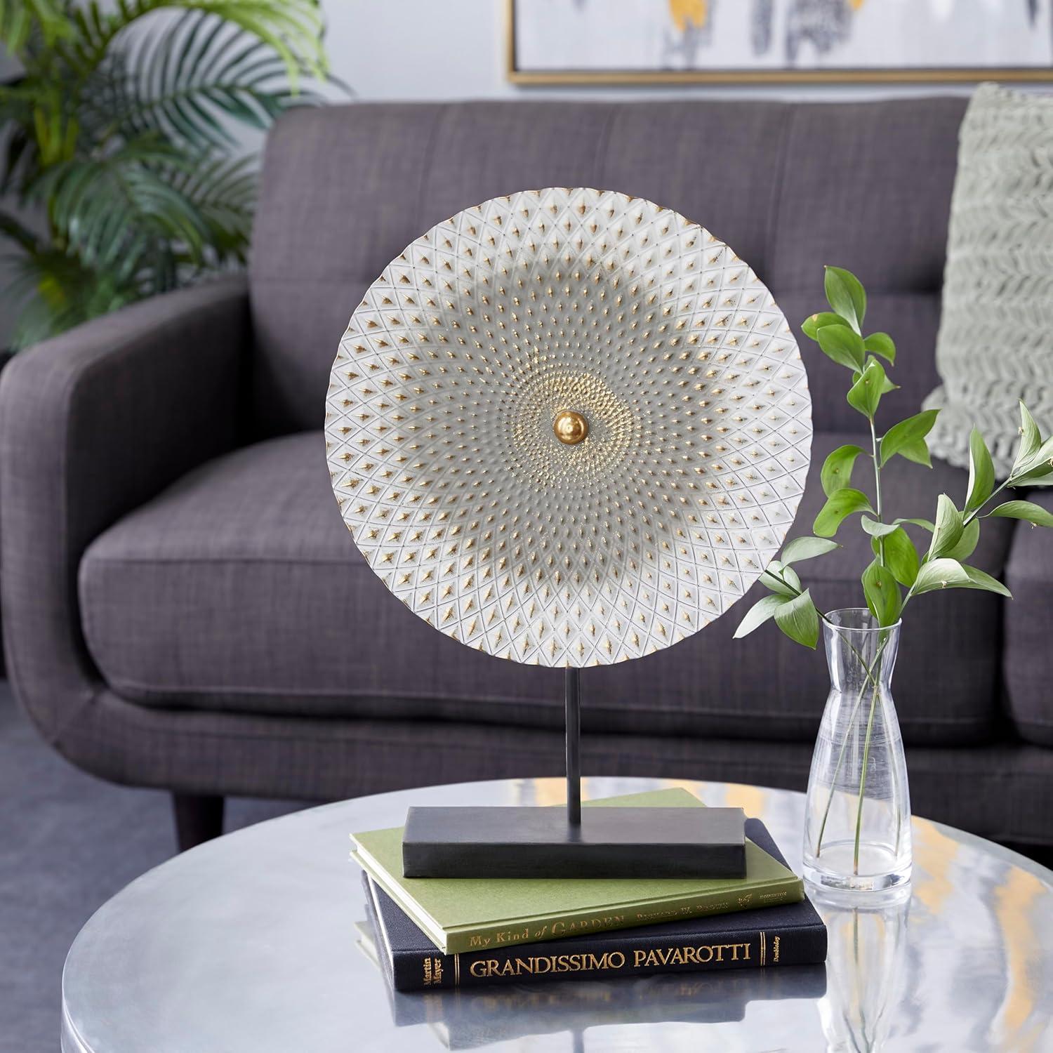 Gray and Gold Metal Mandala Sculpture with Black Base